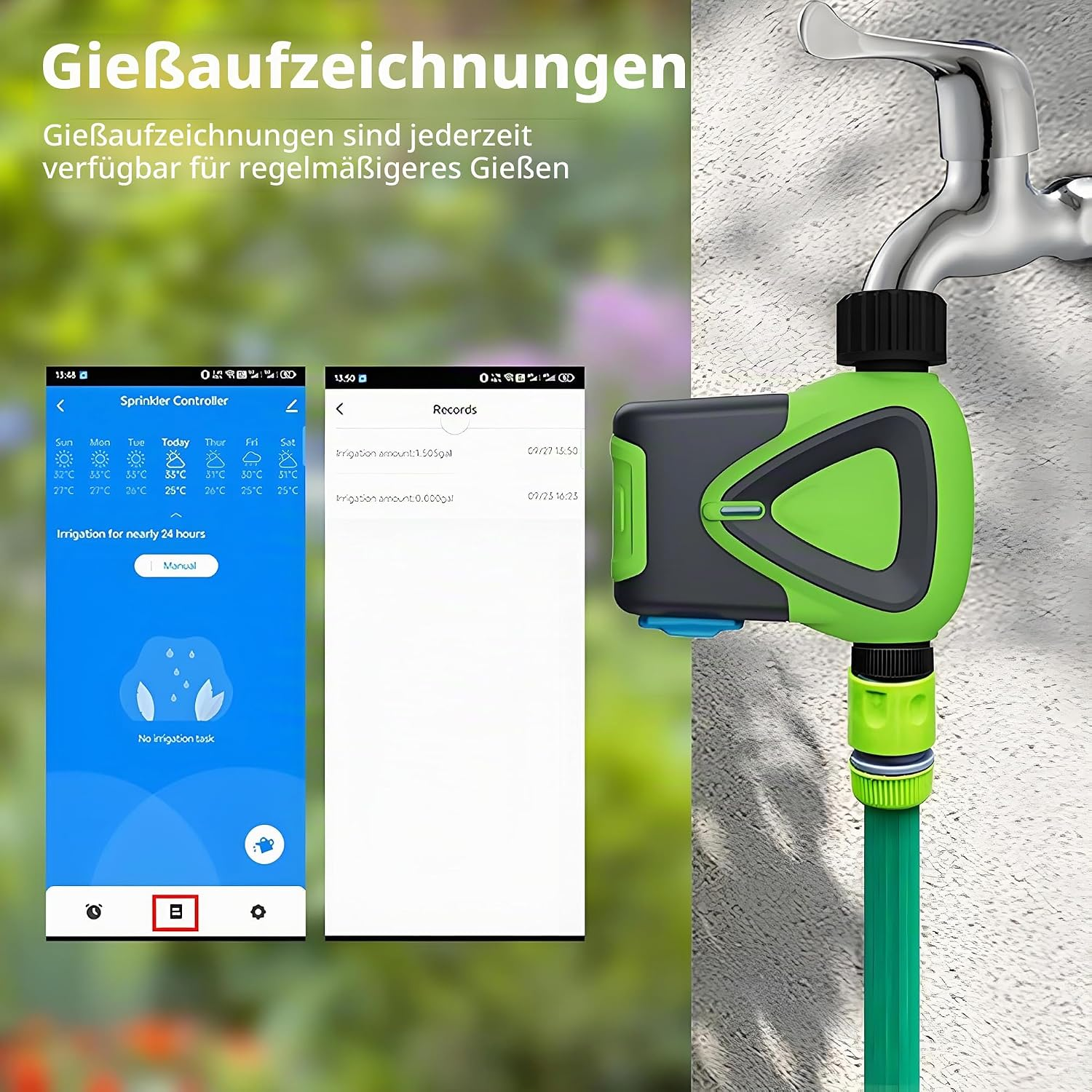 Ein intelligenter Sprinkler-Controller ist an einem Wasserhahn befestigt, der eine App auf einem Smartphone anzeigt.