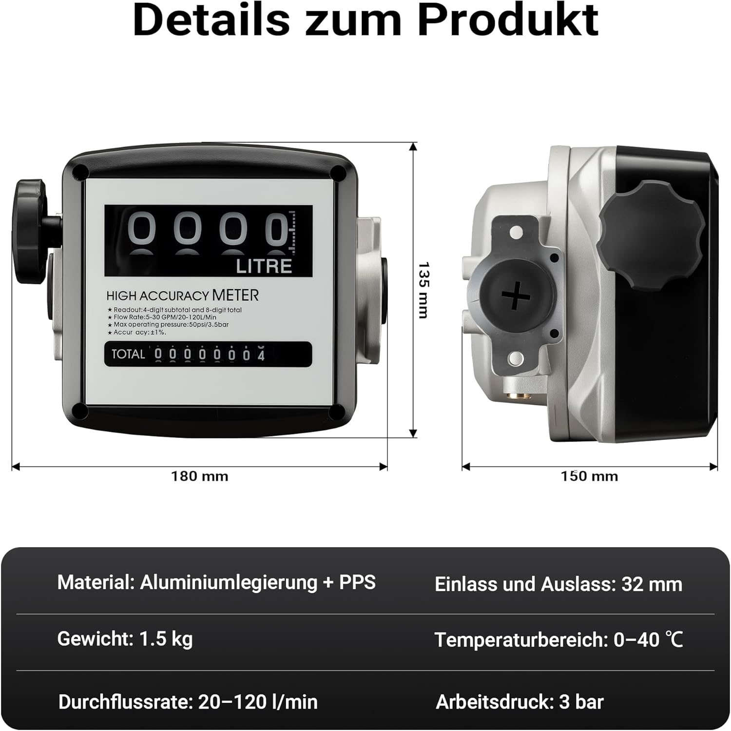 Hochpräzisions-Durchflussmesser mit schwarzem Zifferblatt und silbernem Gehäuse.