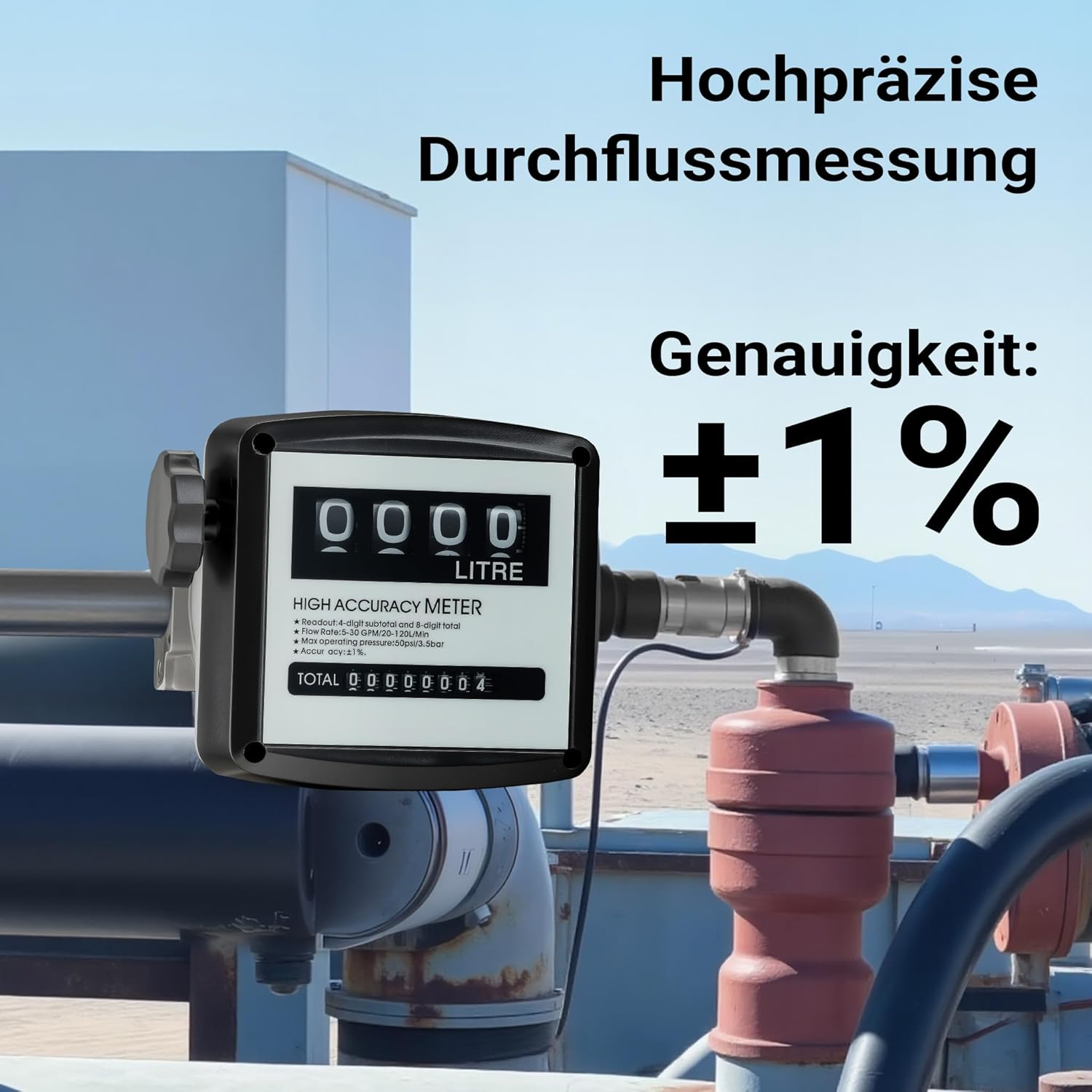 Präzisionsdurchflussmesser mit Anzeige für Liter und Genauigkeit von ±1%.