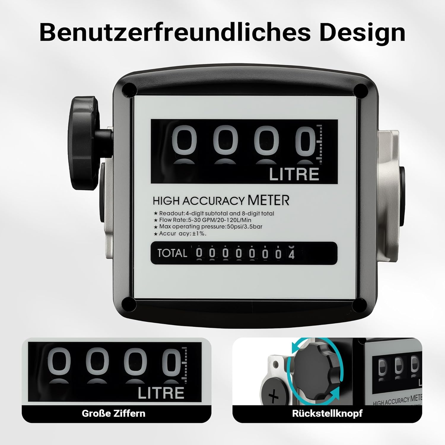 Ein hochpräzises Messgerät mit vier großen Ziffern und der Einheit Liter.