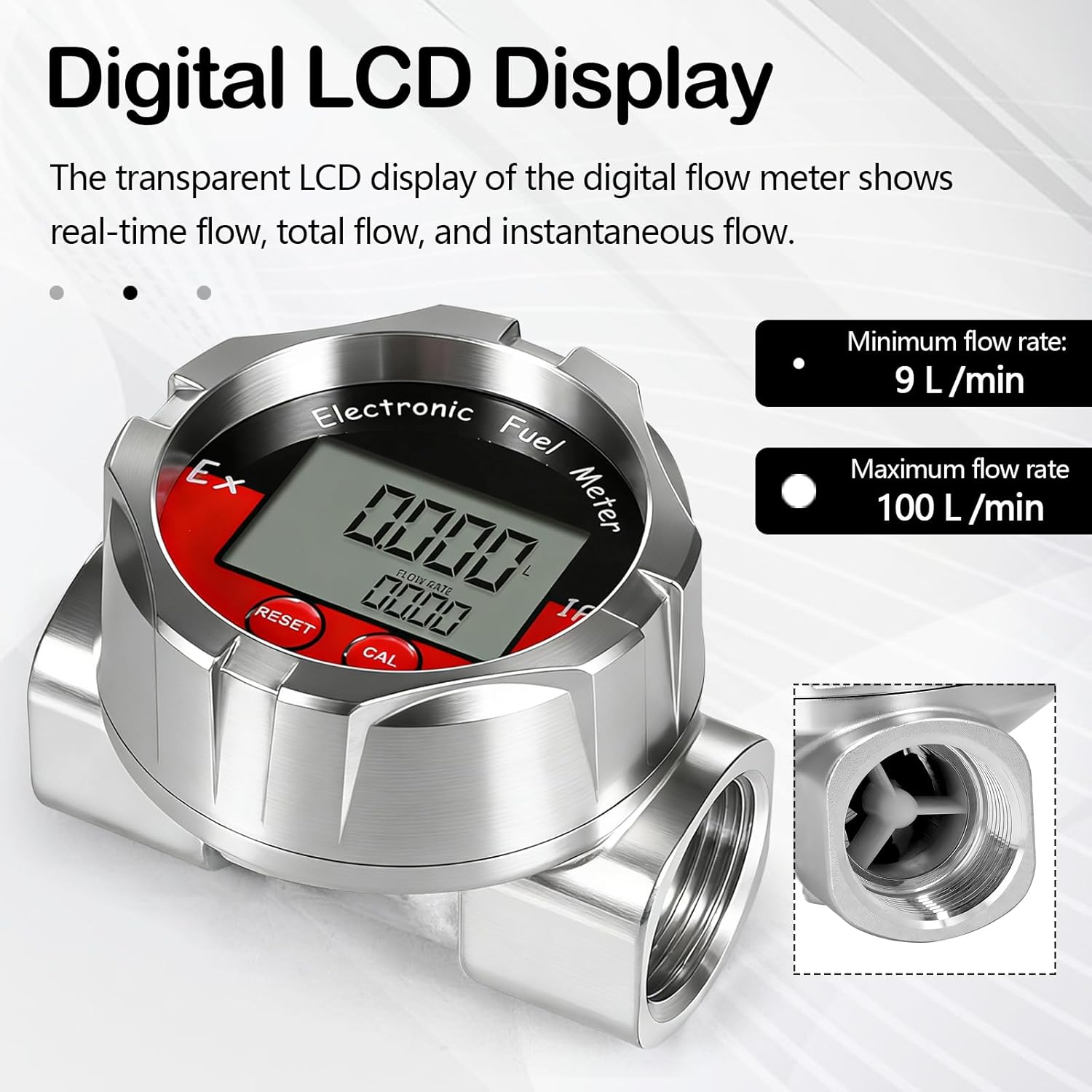 Digitaler LCD-Durchflussmesser mit Anzeige von 9-100 L/min.