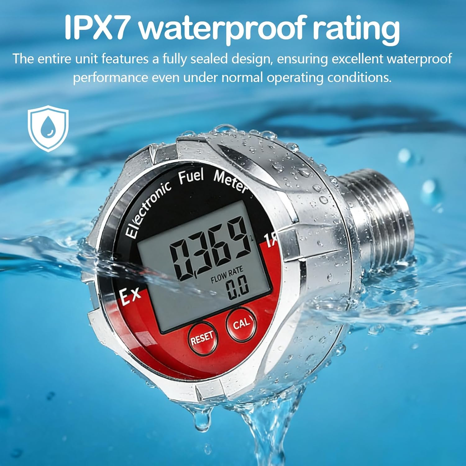 Wasserdichter Kraftstoffzähler mit digitaler Anzeige unter Wasser.