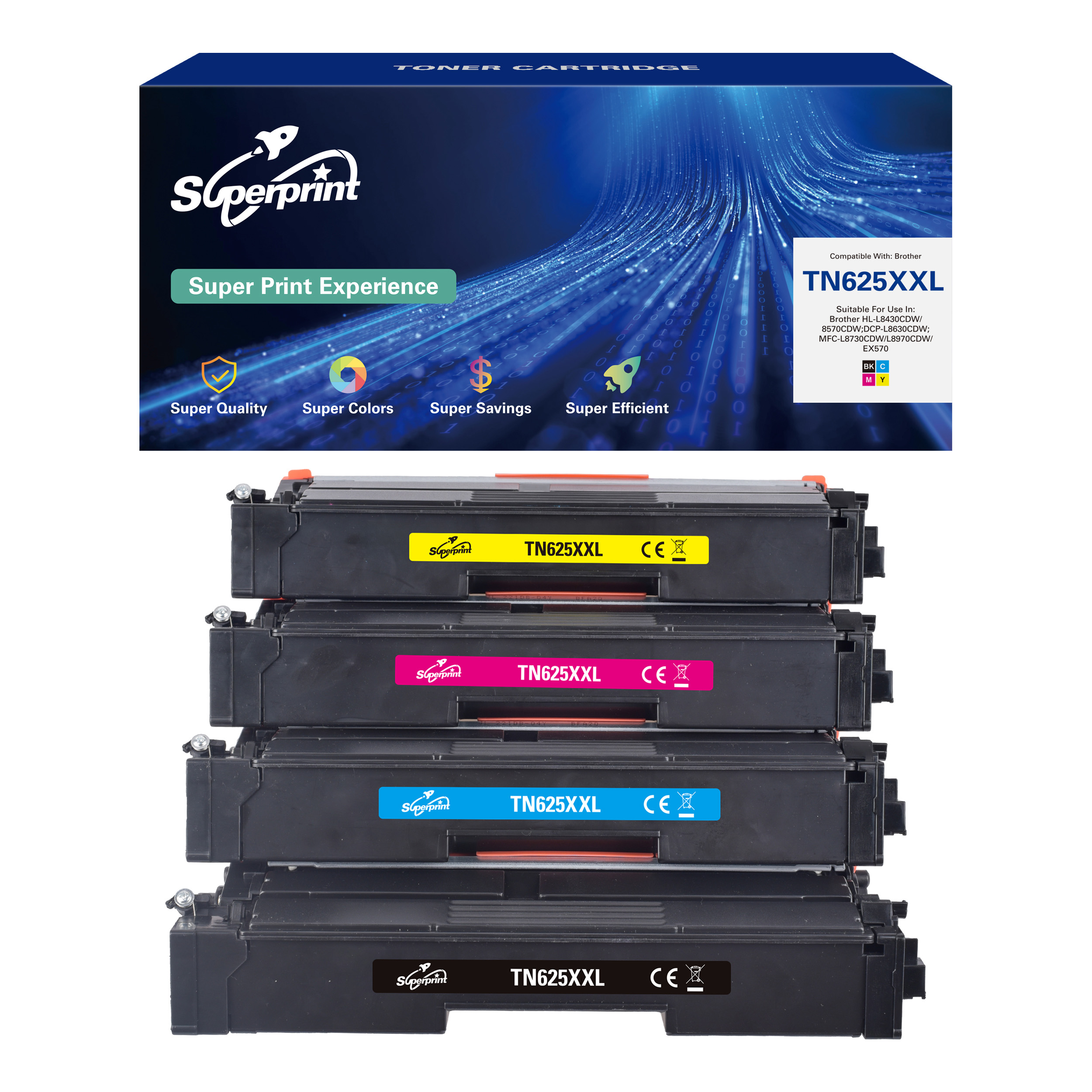 Scatola e quattro cartucce toner: giallo, magenta, ciano e nero.