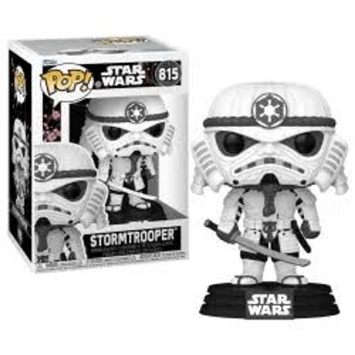 Funko Pop Star Wars Sturmtruppler Figur und Box. Weiße Rüstung, schwarze Details, hält Schwert.
