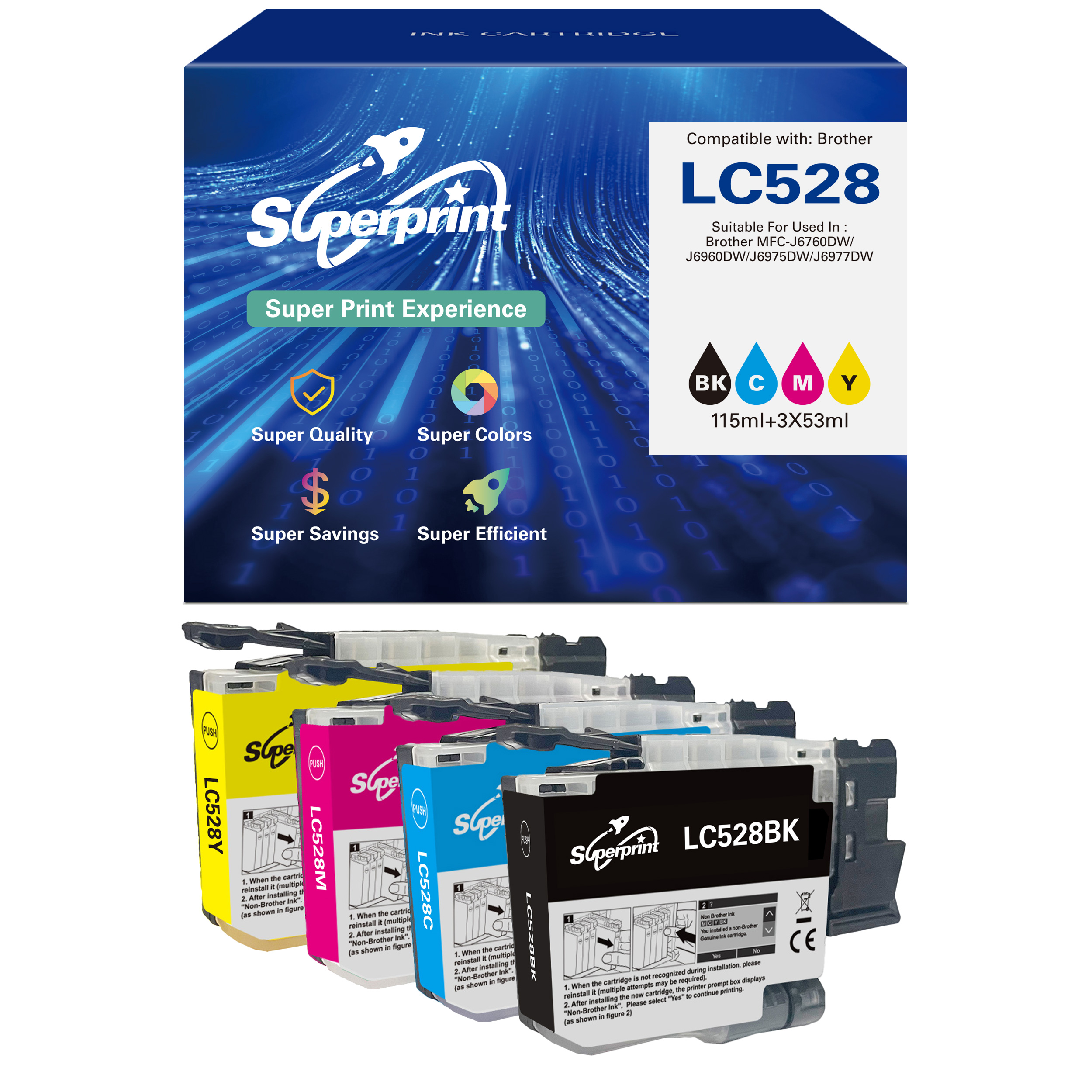Verpackung und vier Tintenpatronen (schwarz, cyan, magenta, gelb) für Brother-Drucker.