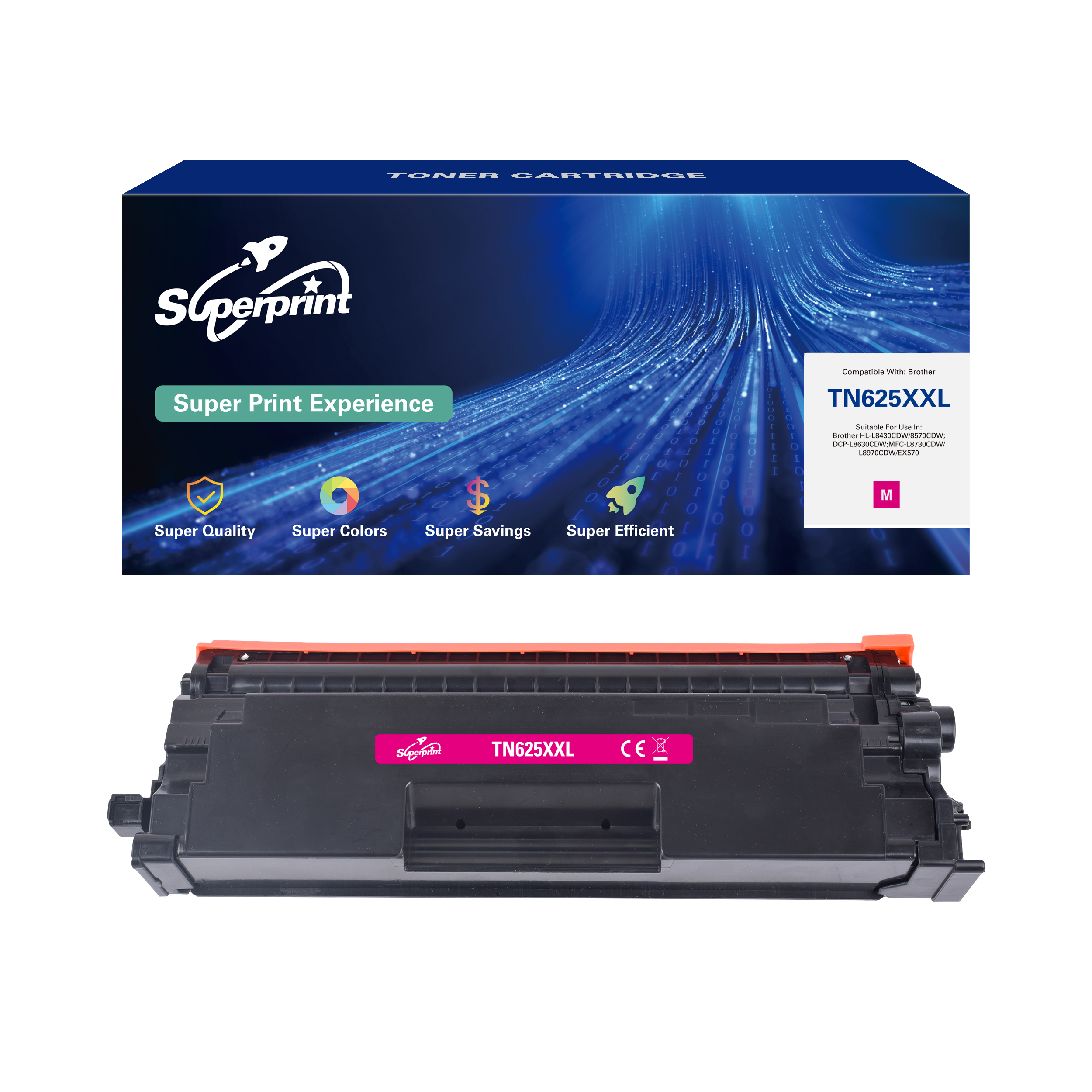 Superprint TN625XXL Tonerkartusche und Verpackung. Pinke Kartusche mit schwarzen Details.