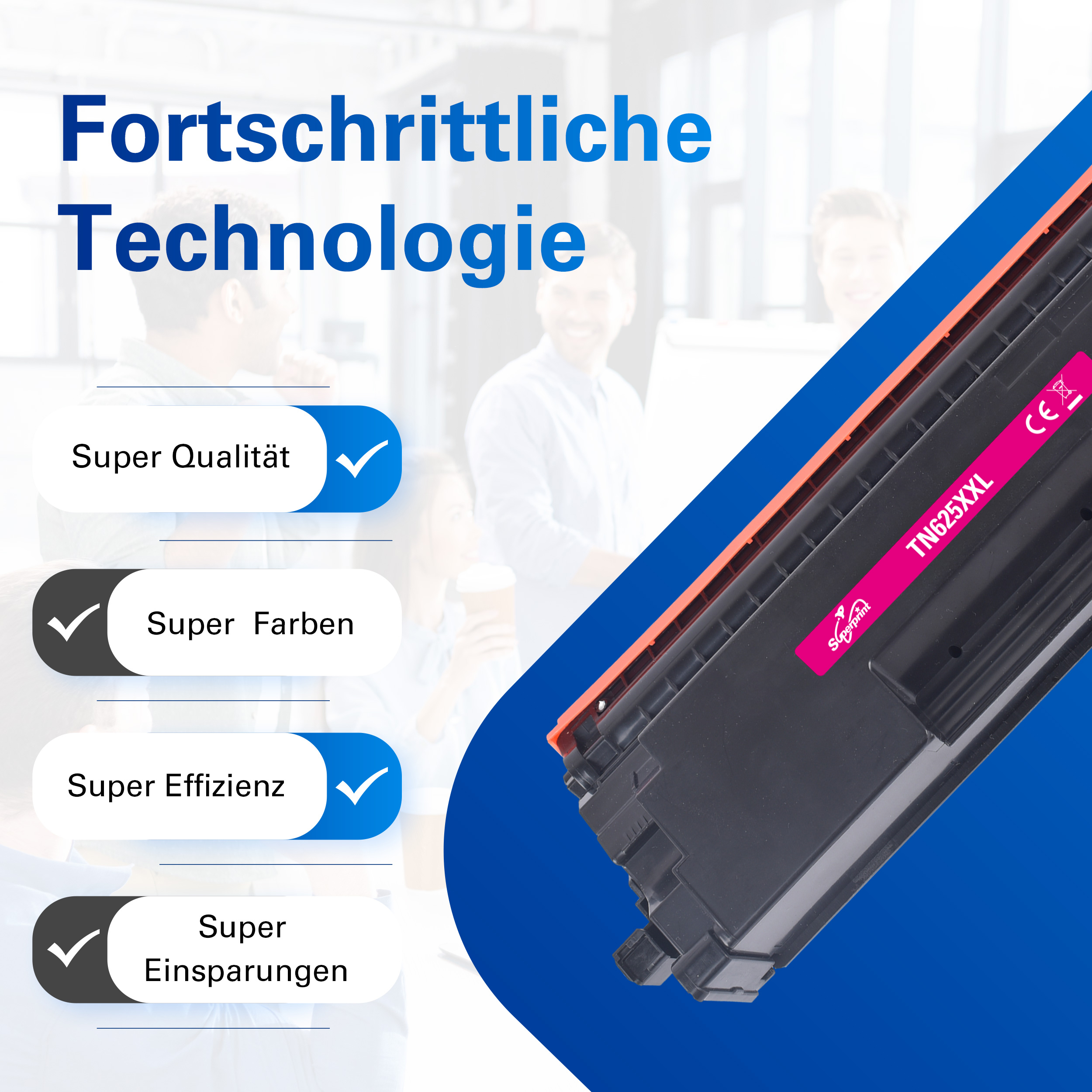 Ein Toner der Marke Superprint mit der Bezeichnung TN625XXL, auf blauem Hintergrund.