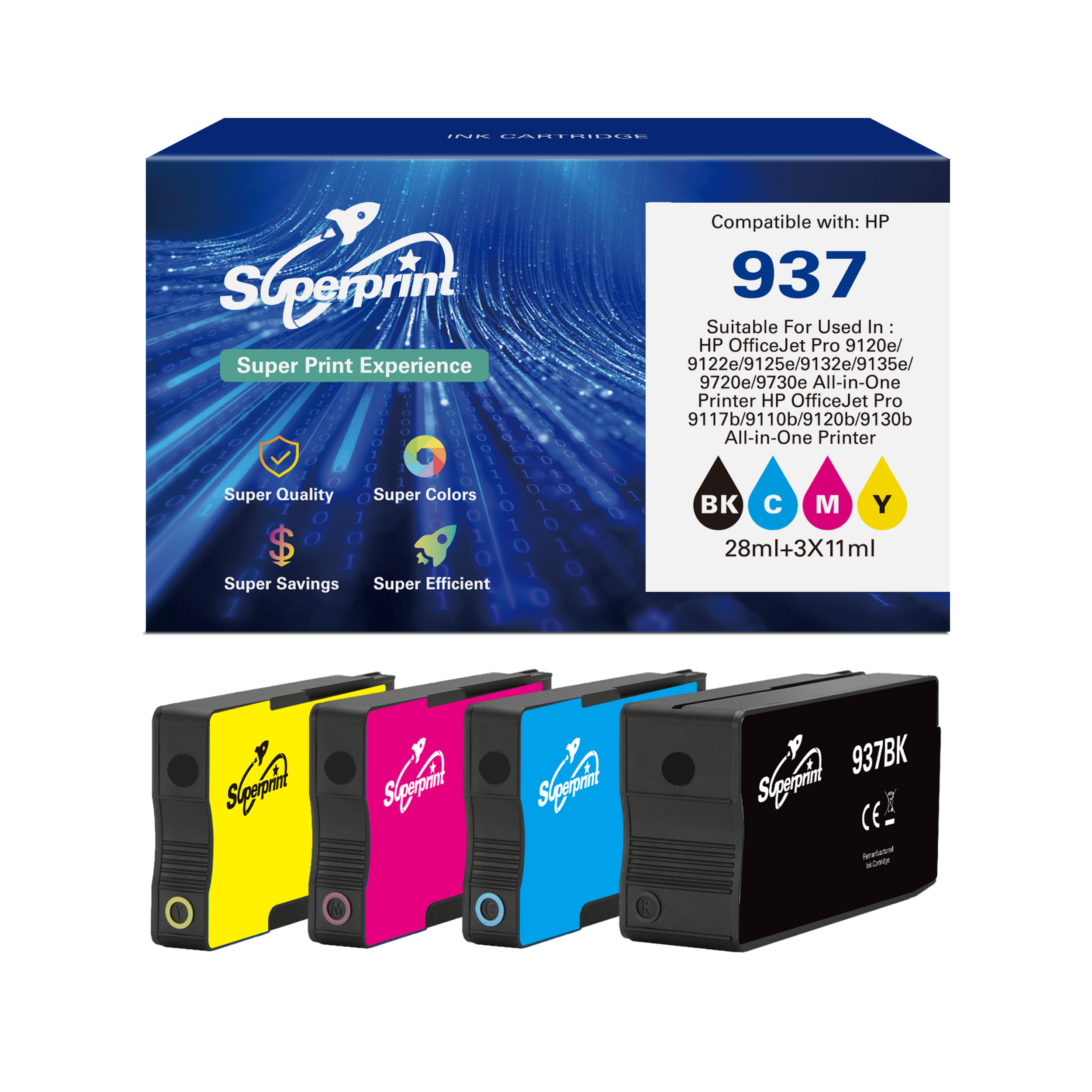 Doos en vier inktcartridges: geel, magenta, cyaan en zwart.