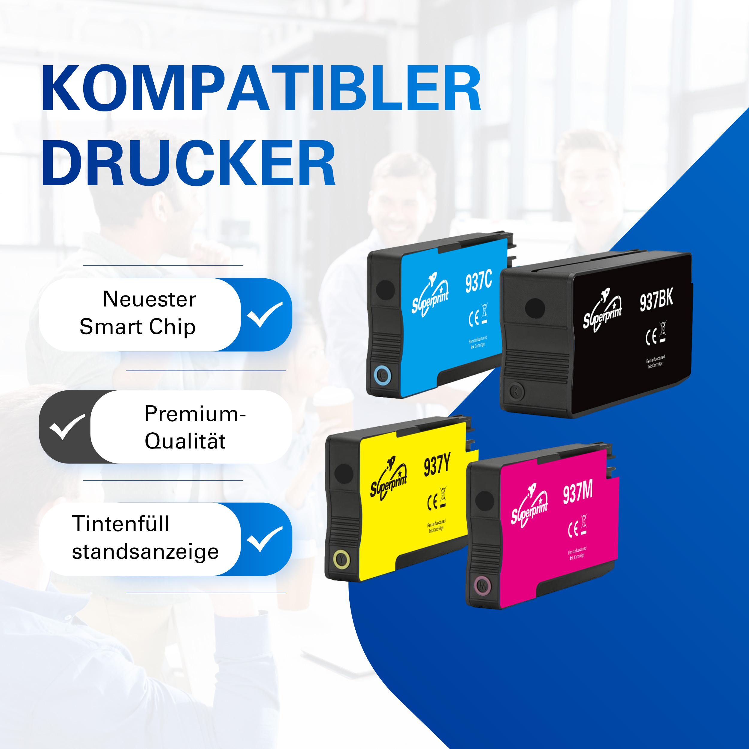 Vier Superprint inktcartridges: zwart, cyaan, geel, magenta. Met tekst.