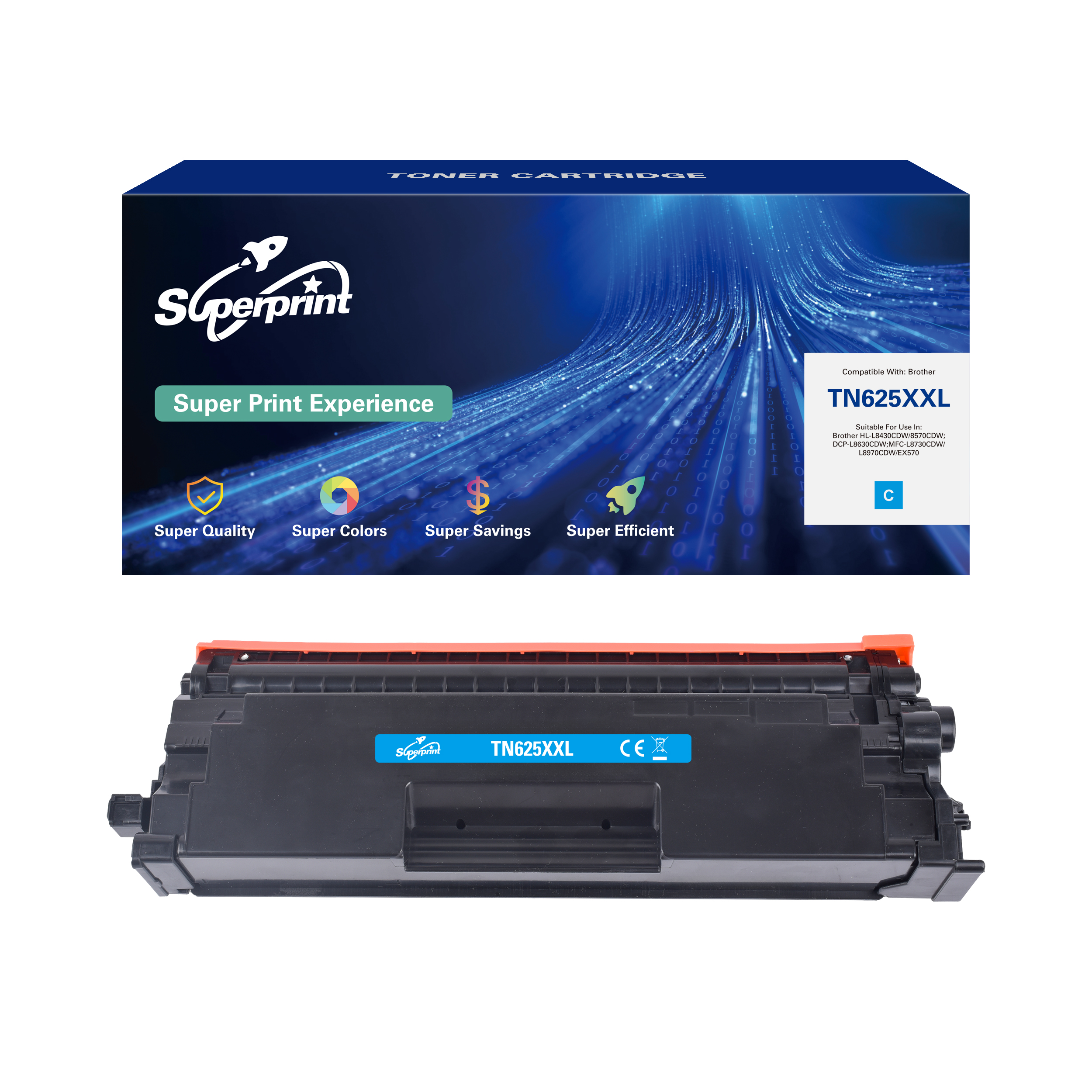 Scatola e cartuccia toner per Brother TN625XXL. Nero con accenti arancioni.