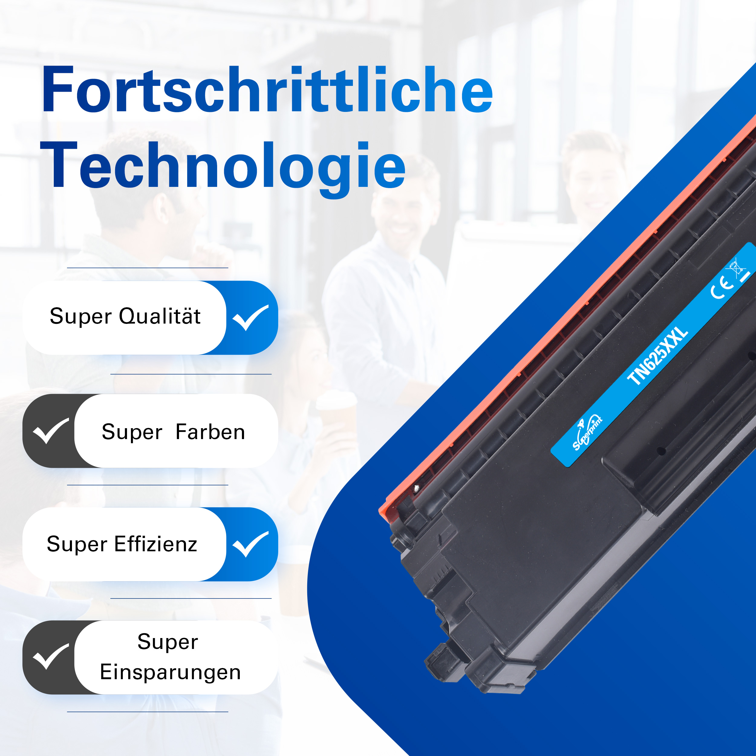 Cartuccia stampante con testo: Tecnologia Avanzata, Super Qualità, Colori, Efficienza, Risparmio.