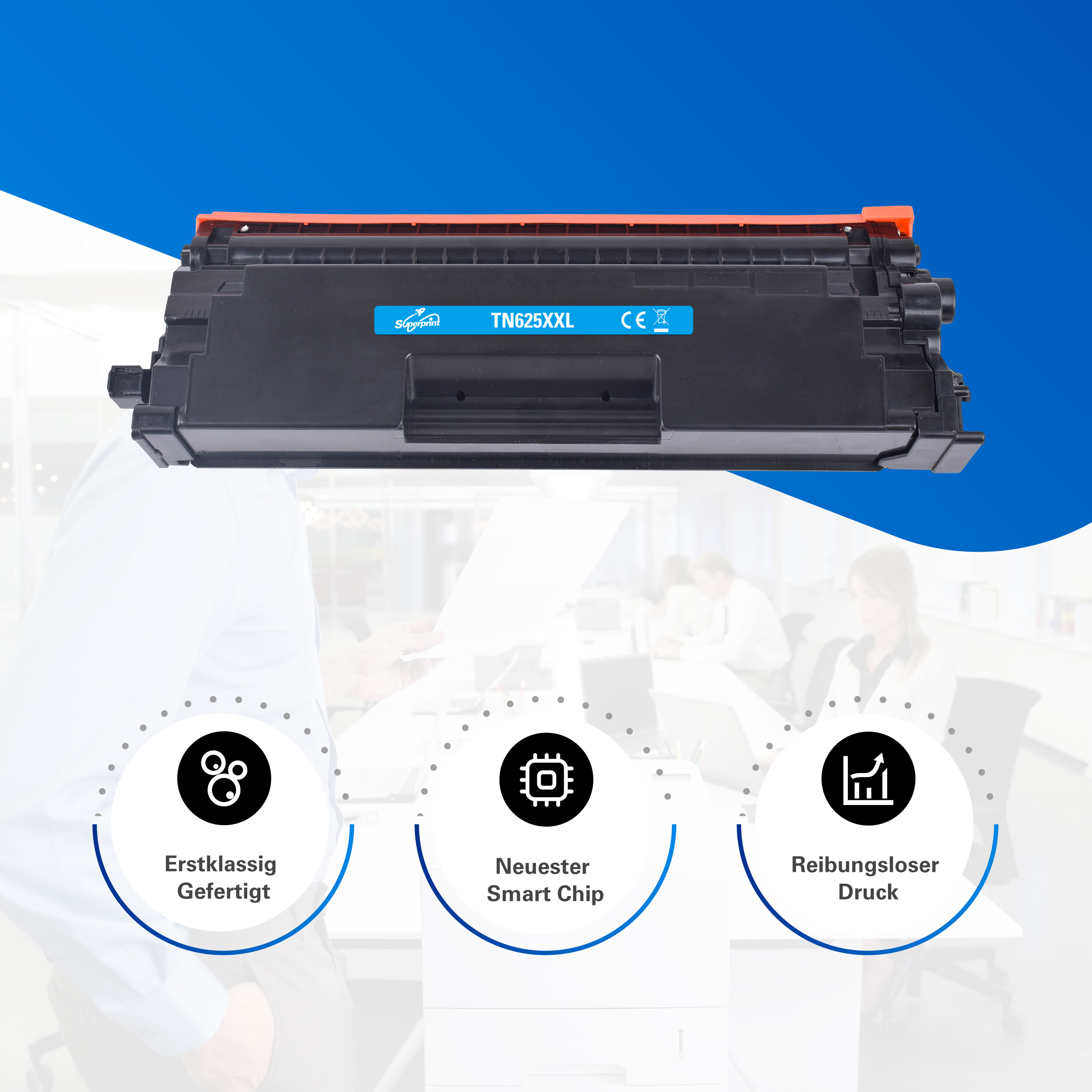 Una cartuccia toner nera con cappuccio arancione, etichettata TN625XXL.
