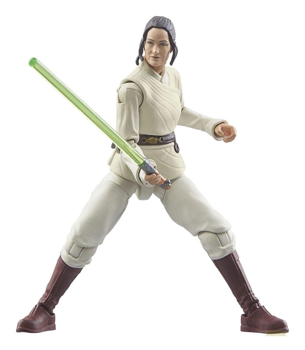 Action figure femminile con spada laser verde, vesti bianche e stivali marroni.
