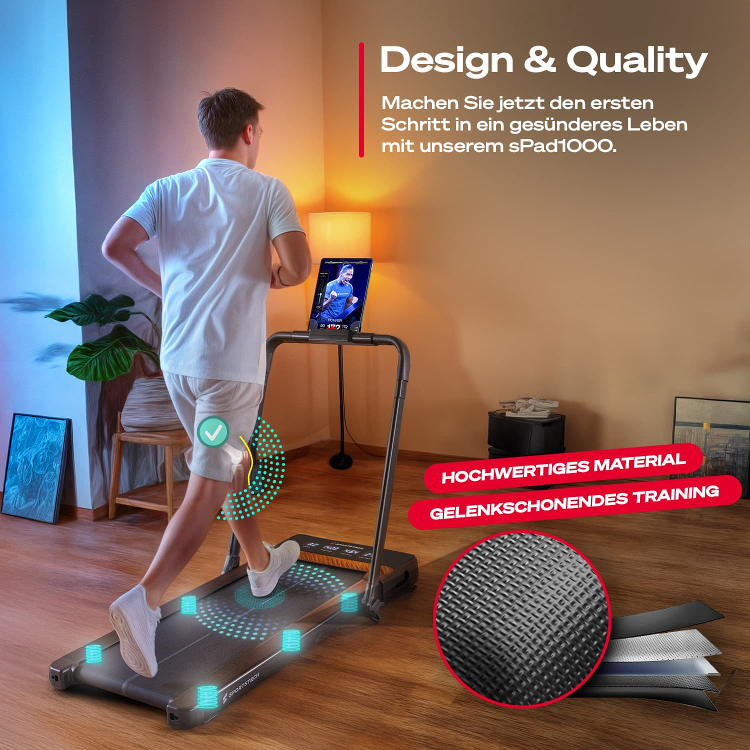 Mann auf Laufband, das ein Tablet mit Trainingsvideo anzeigt. Hochwertiges Material.