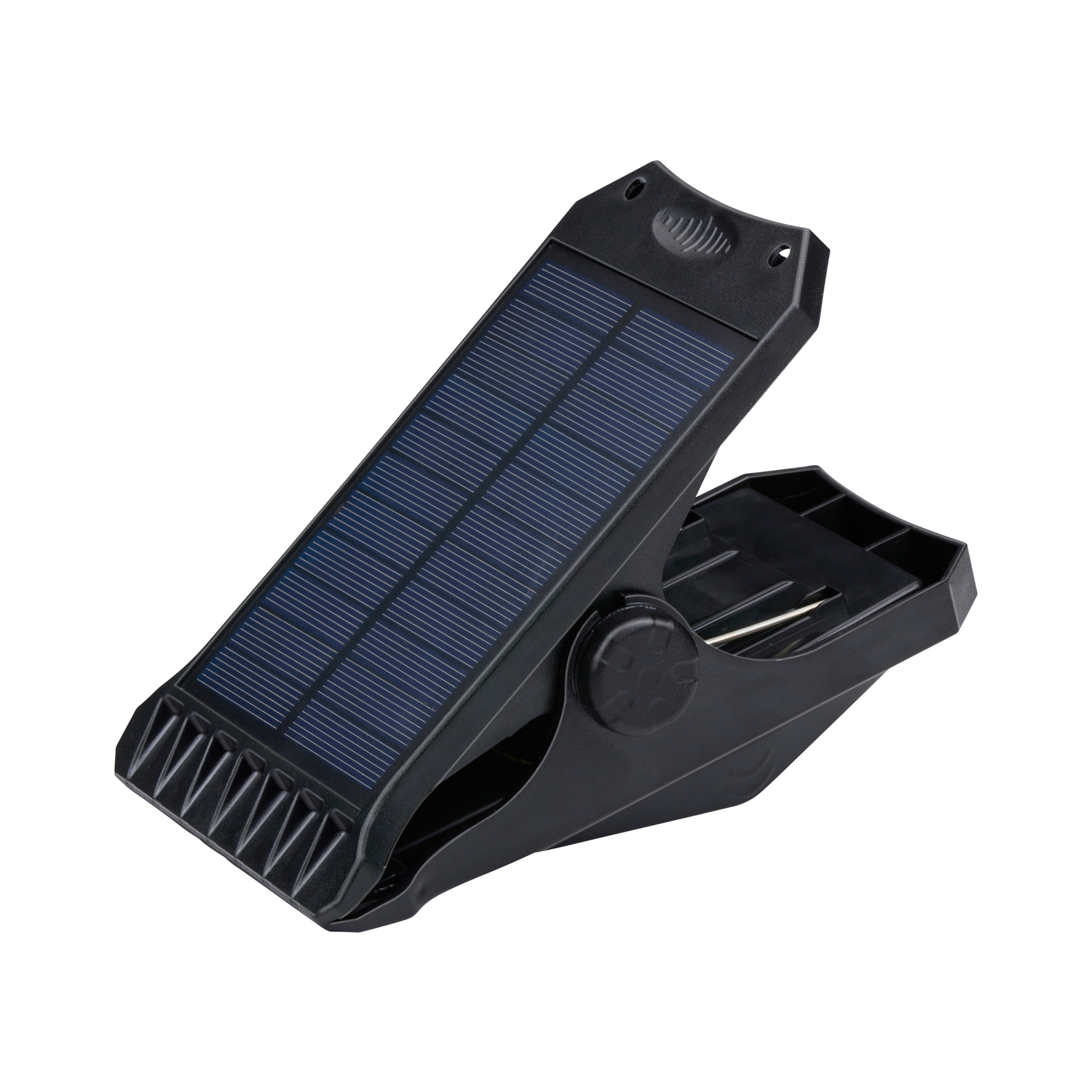 Schwarze Solarleuchte mit Klemmmechanismus und blauen Solarzellen.