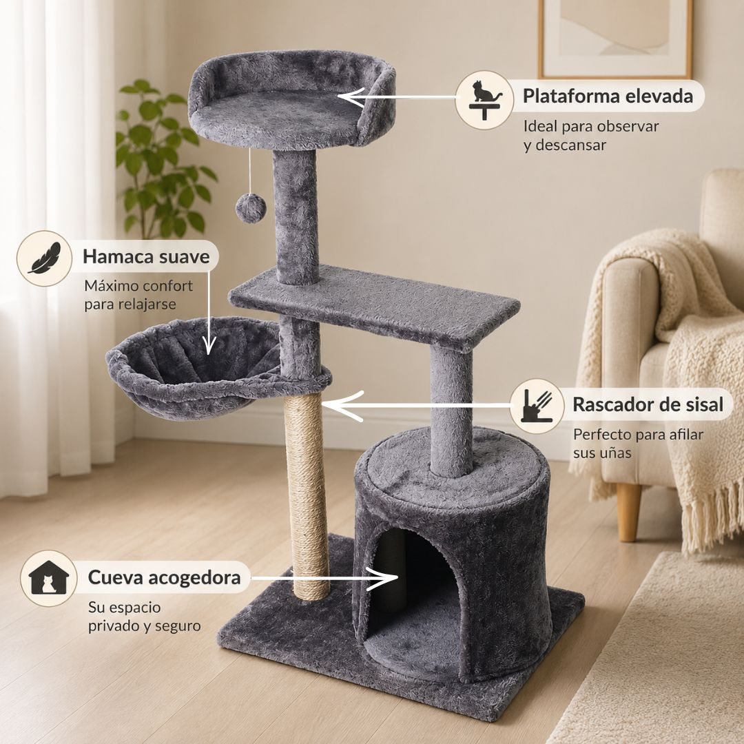 Árbol rascador gris para gatos con hamaca, cueva, plataforma y poste de sisal.