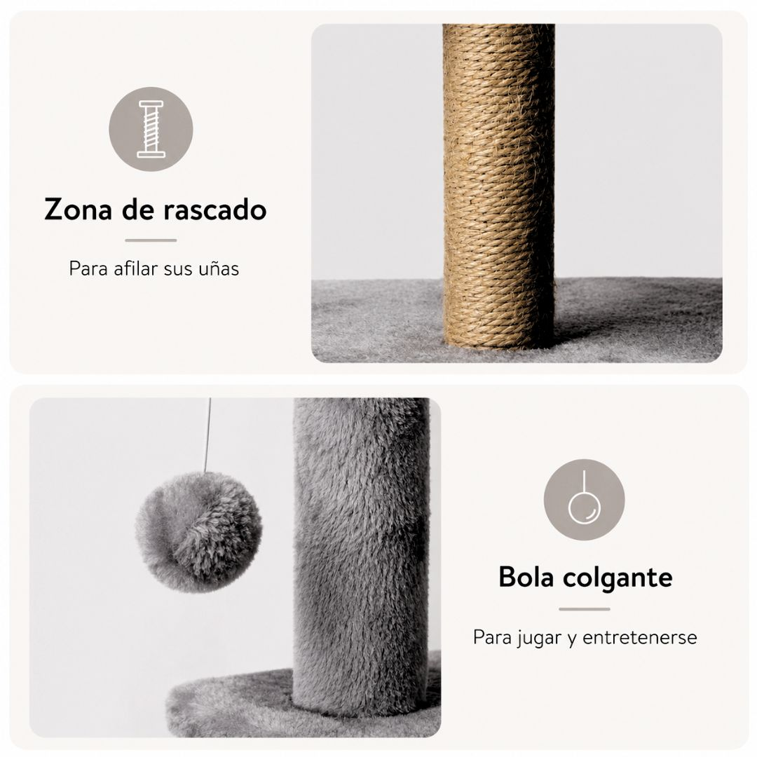 Un árbol para gatos con poste envuelto en cuerda y bola colgante.