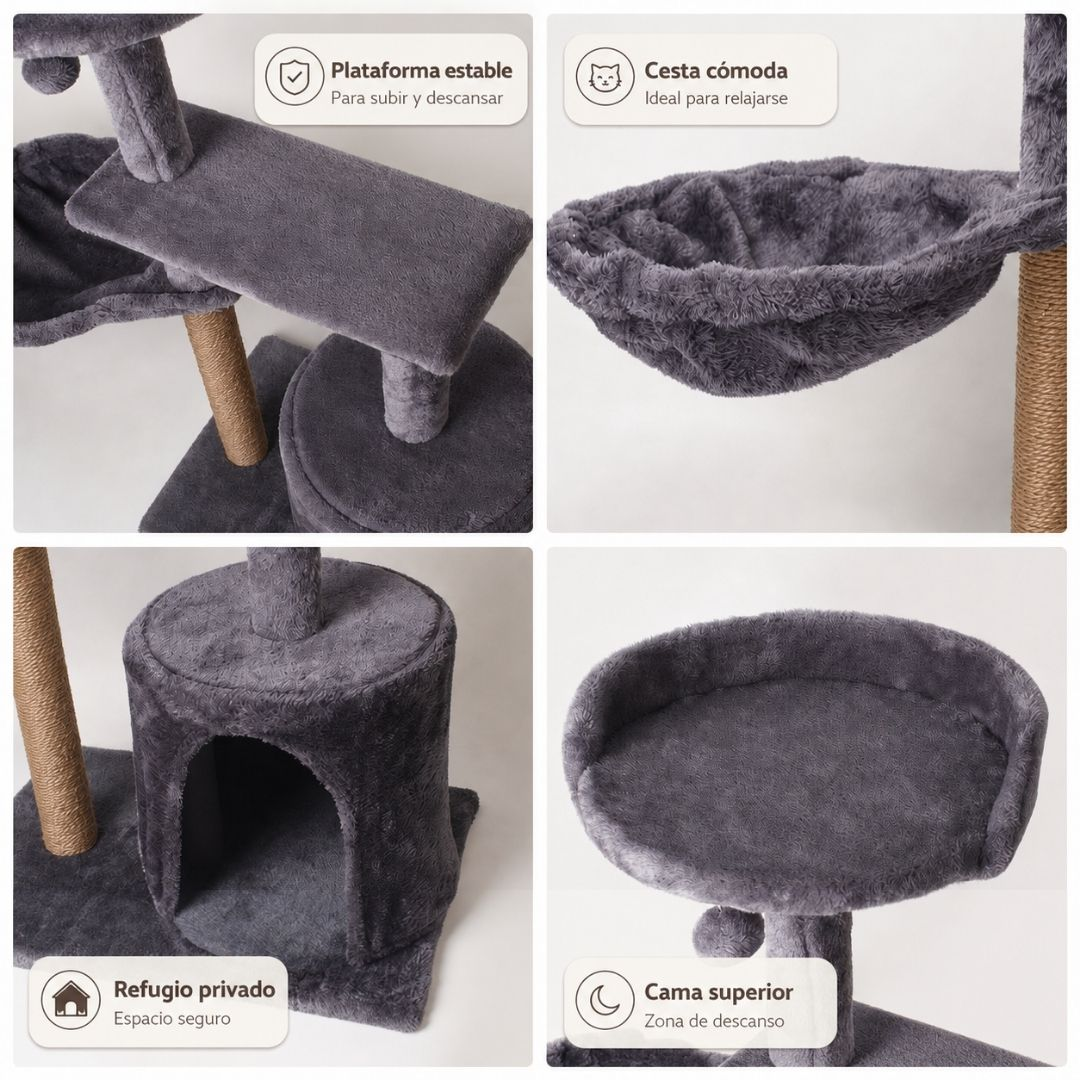 Árbol para gatos gris con hamaca, escondite y plataforma.