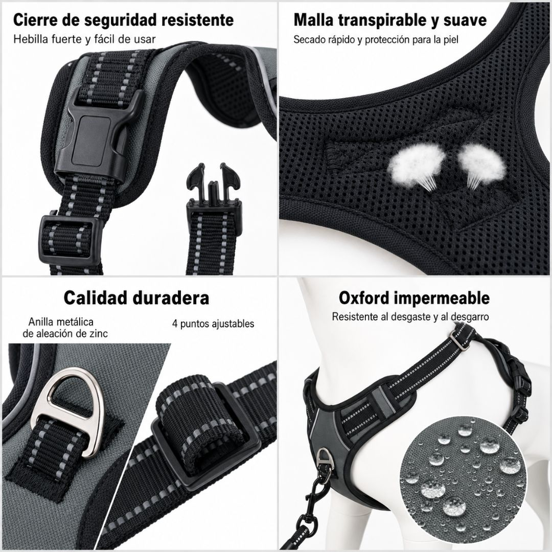 Arnés para perro con hebilla, malla, anilla D, correas ajustables y tela Oxford impermeable.