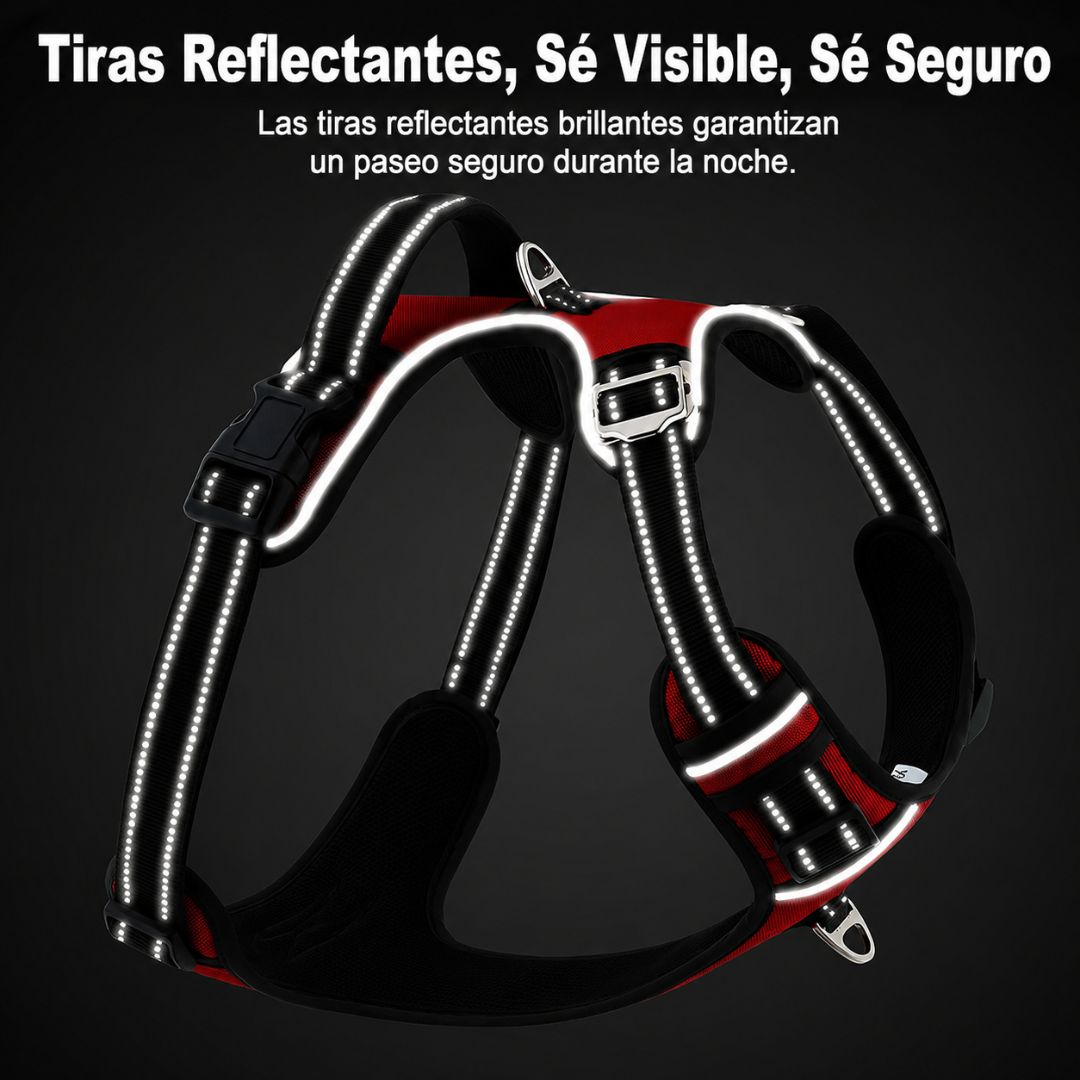 Un arnés para perros rojo y negro con tiras reflectantes.