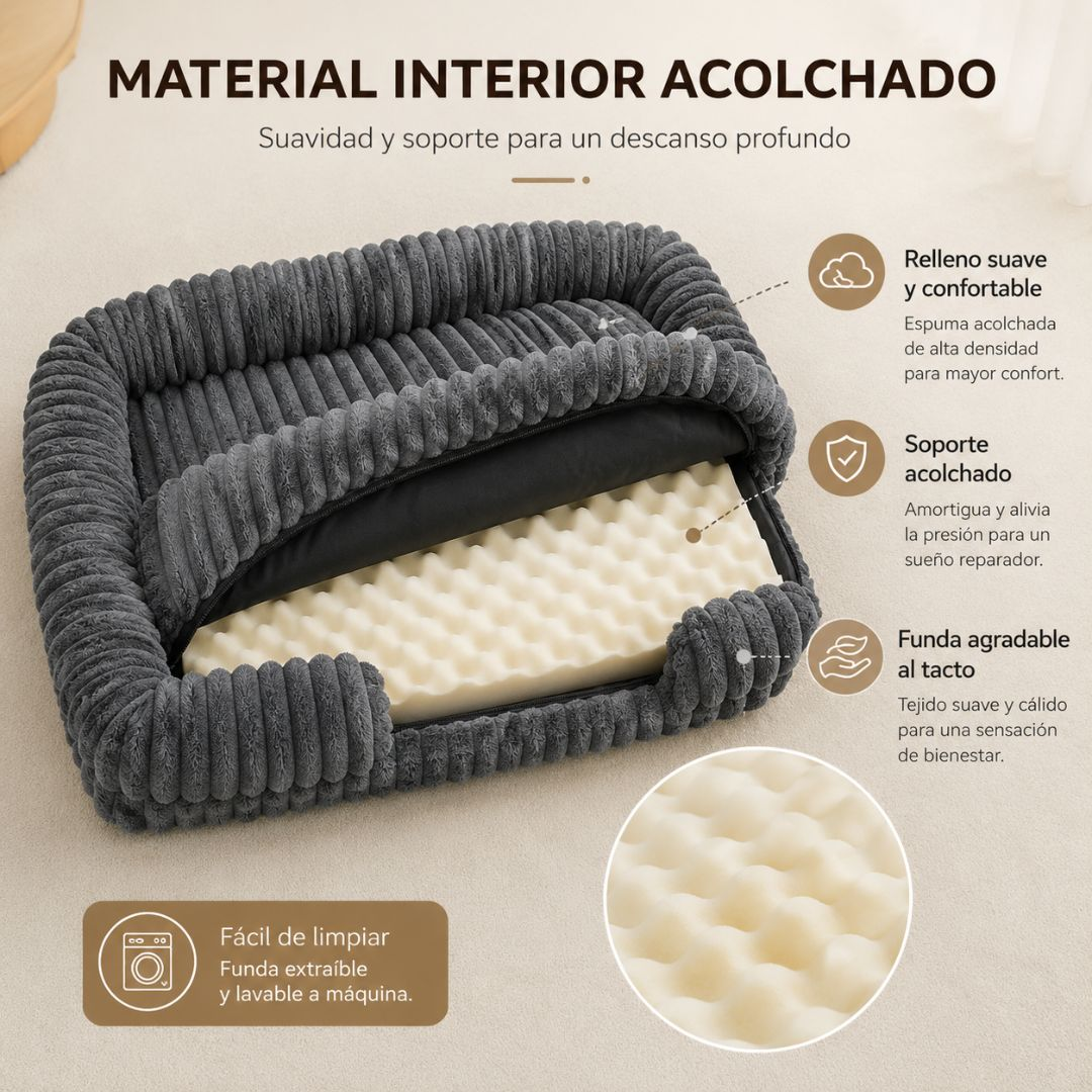 Cama para perro gris con inserto de espuma. Detalles de relleno, soporte y funda.