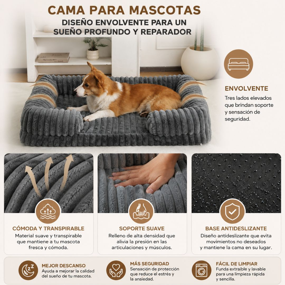 Un perro descansa en una cama gris acolchada con laterales elevados. Se muestran detalles del material y diseño.