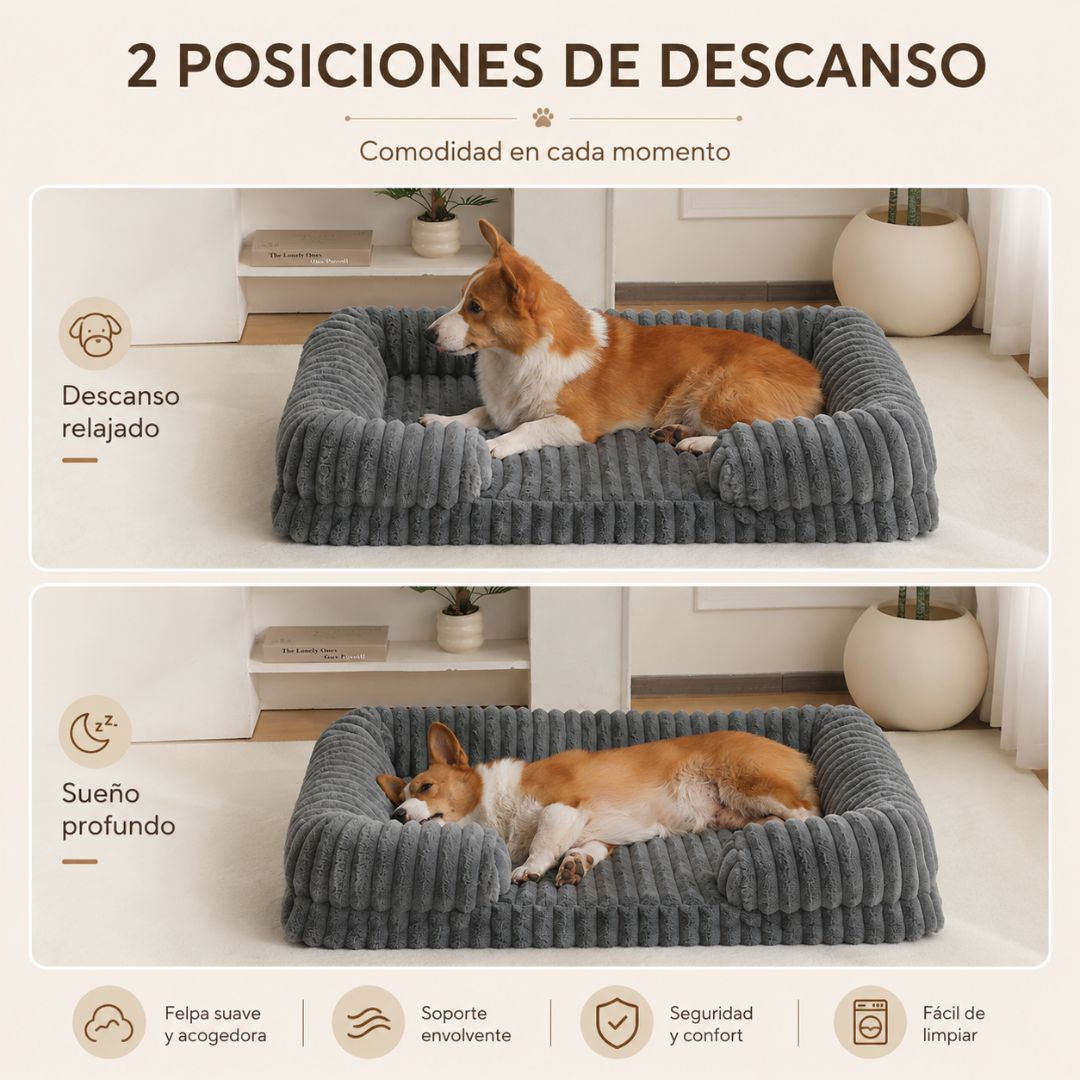 Un perro en una cama gris. Arriba relajado, abajo durmiendo profundamente.