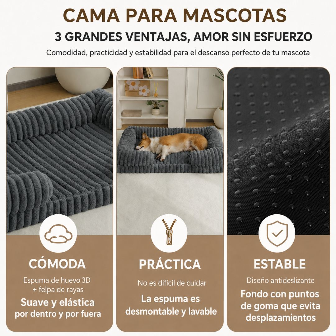 Un perro duerme en una cama gris para perros, presentada en tres secciones: Comodidad, Practicidad, Estabilidad.