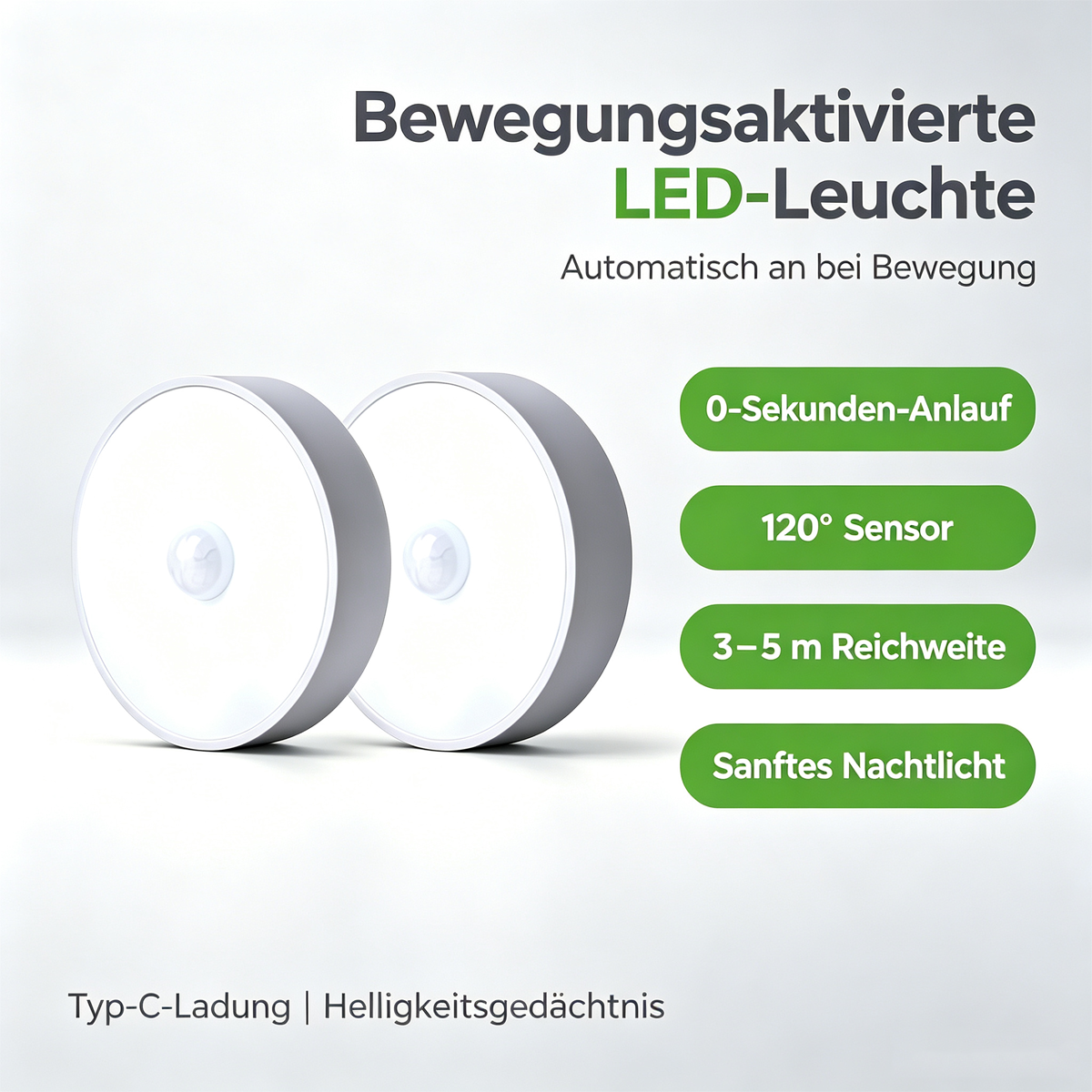 Zwei runde LED-Leuchten mit Bewegungssensor, Typ-C-Ladung.