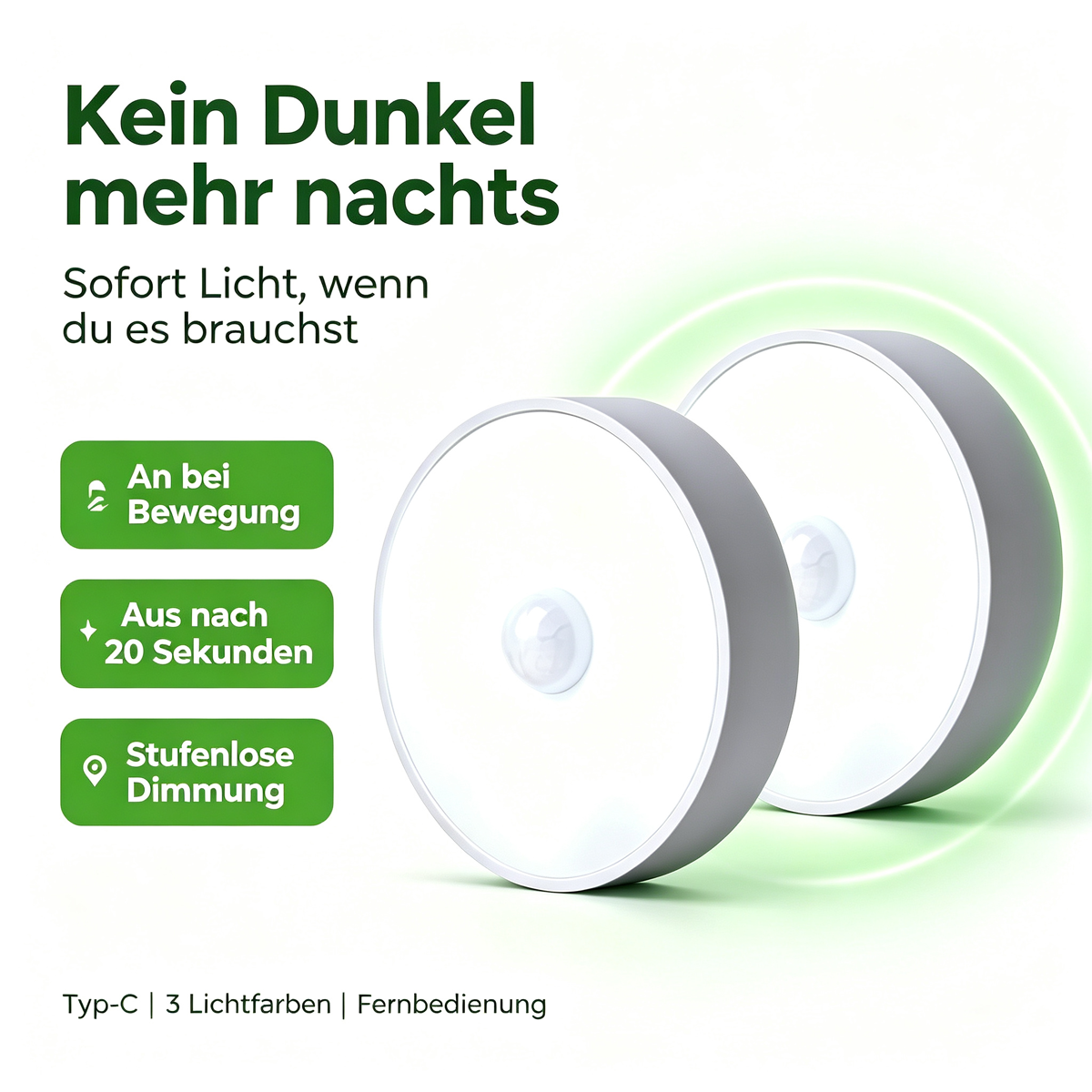 Zwei runde, weiße Bewegungsmelder-Nachtlichter mit Sensoren. Text: Kein Dunkel mehr nachts.