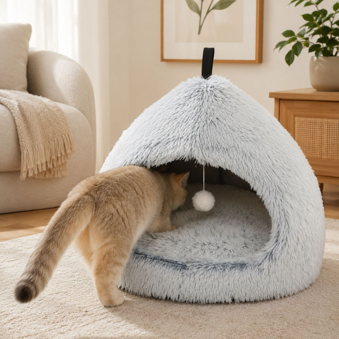 Un gato dorado entra en una cama de gato azul claro y esponjosa con un pompón de juguete dentro.