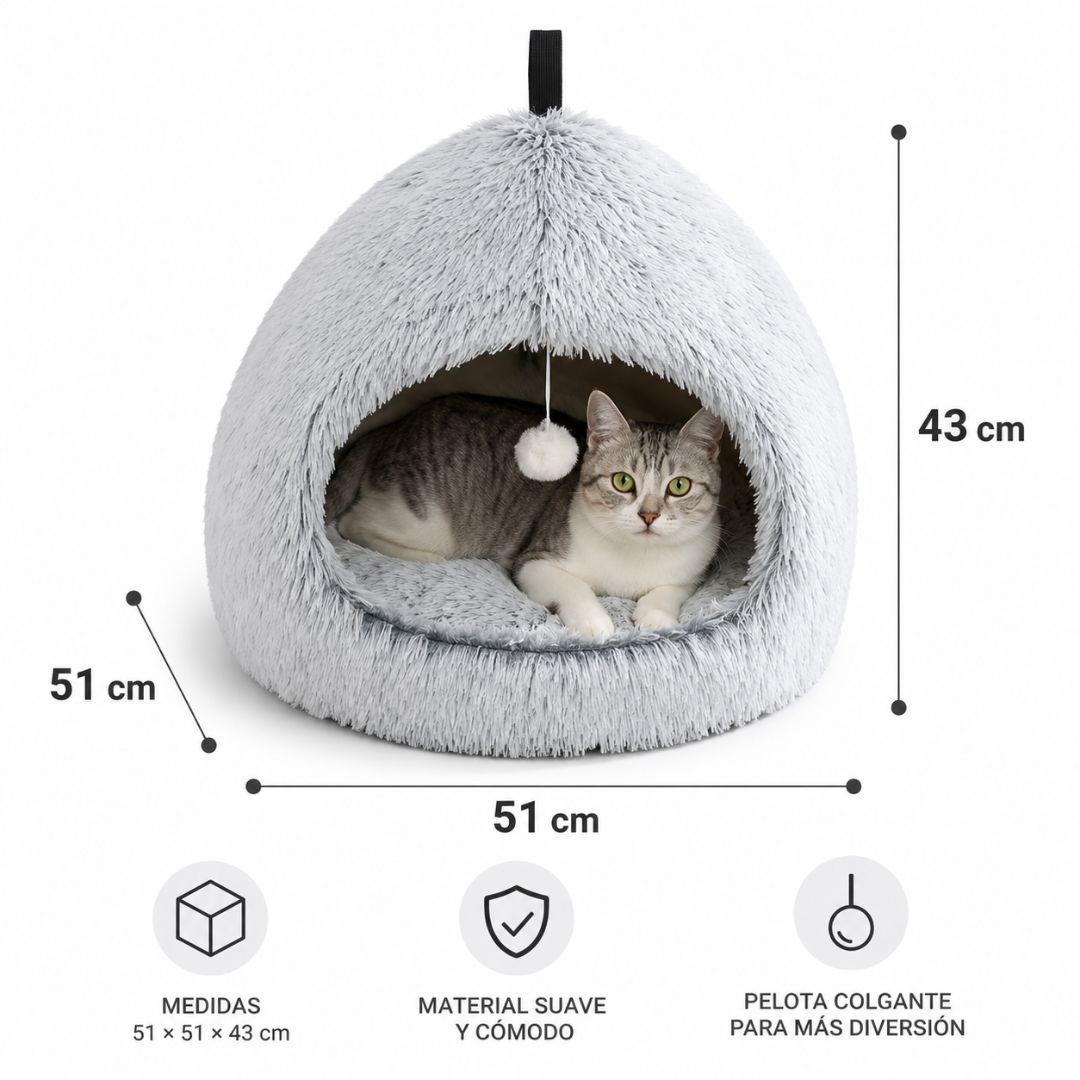 Cama gris para gatos con forma de cueva, con bola colgante.