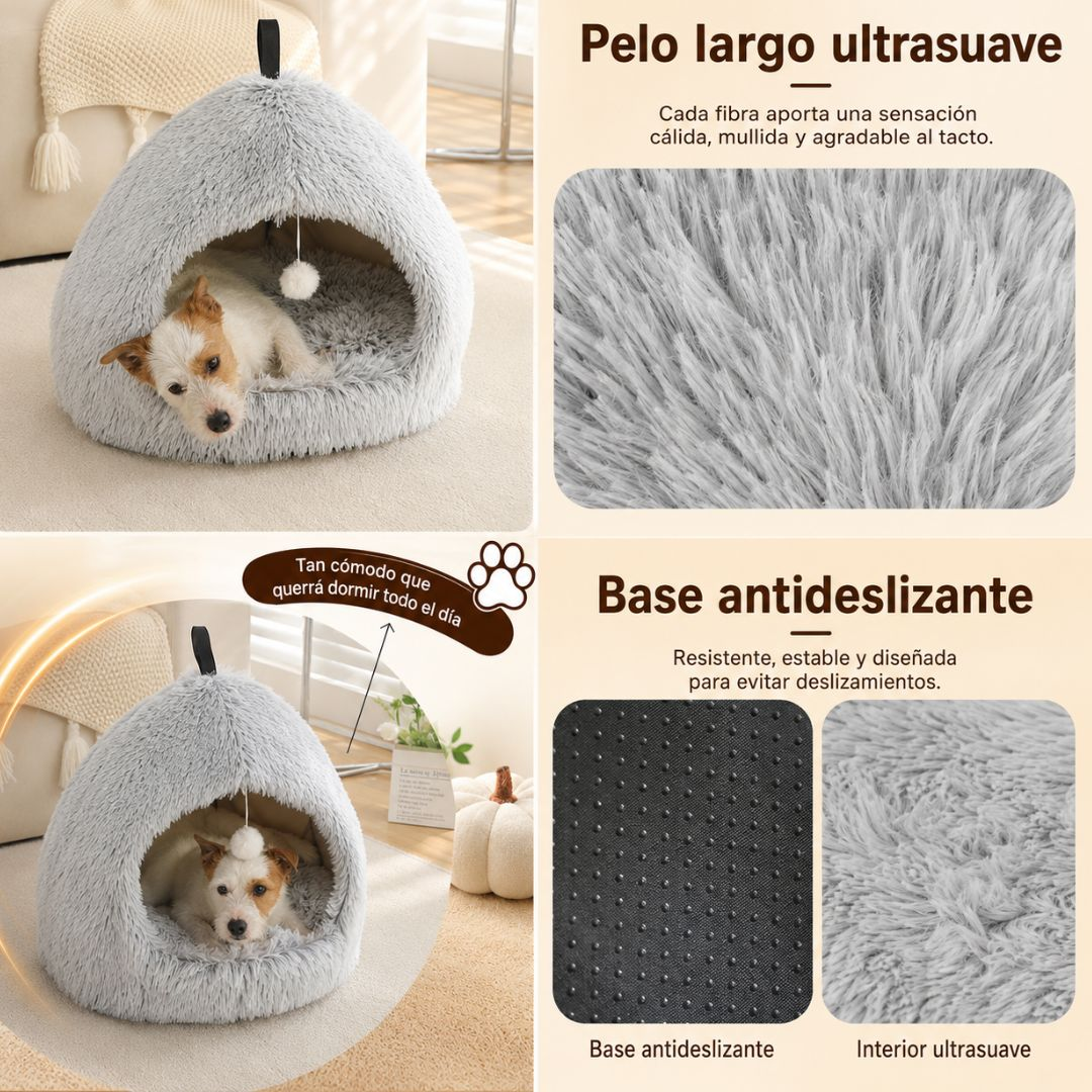 Cama gris para mascotas con perro, interior suave y base antideslizante.