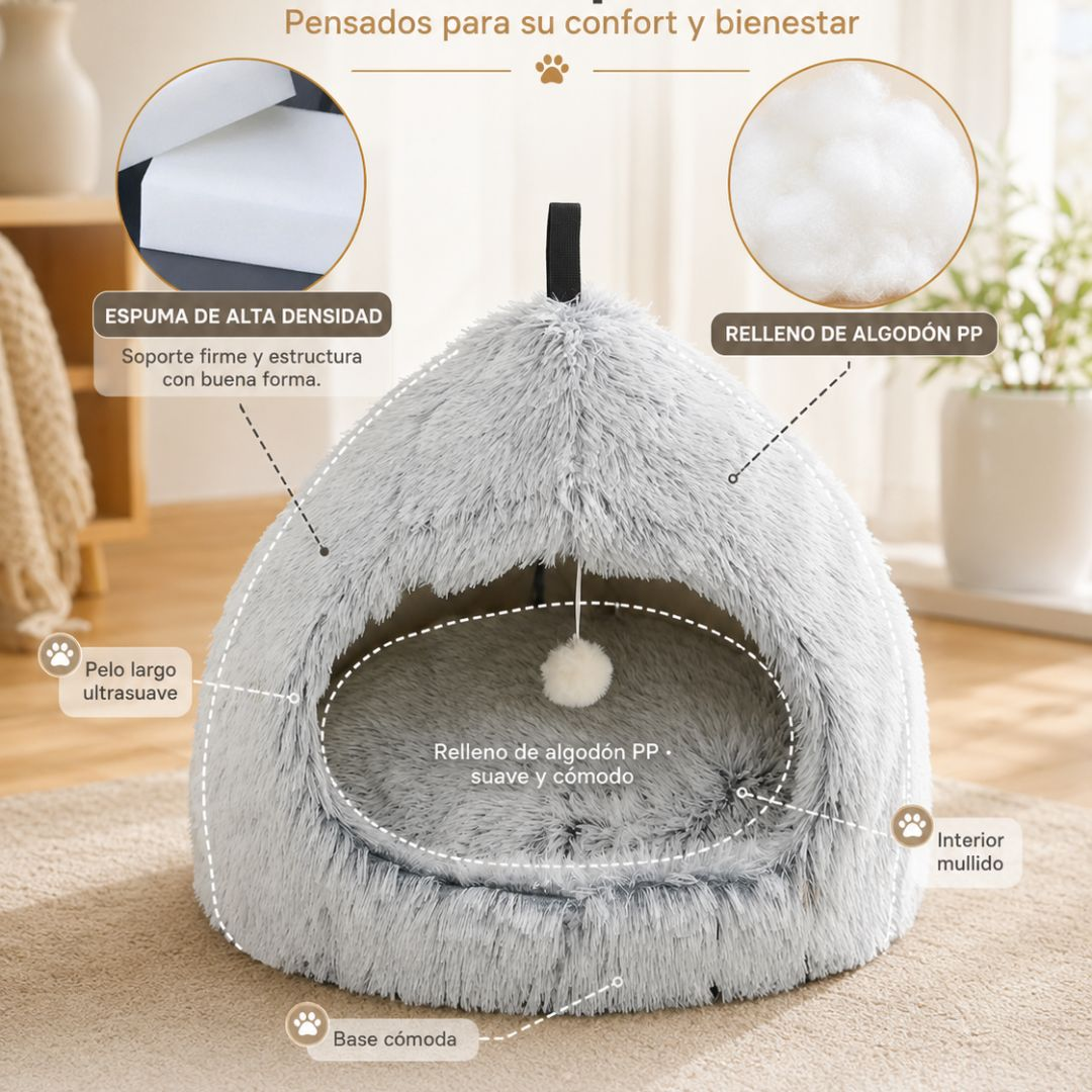 Cama gris de felpa para mascotas con cojín interior y juguete. Espuma de alta densidad.