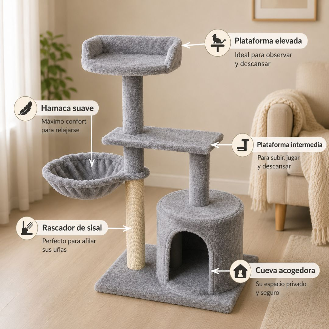Árbol para gatos gris con hamaca, rascador, cueva y plataformas.