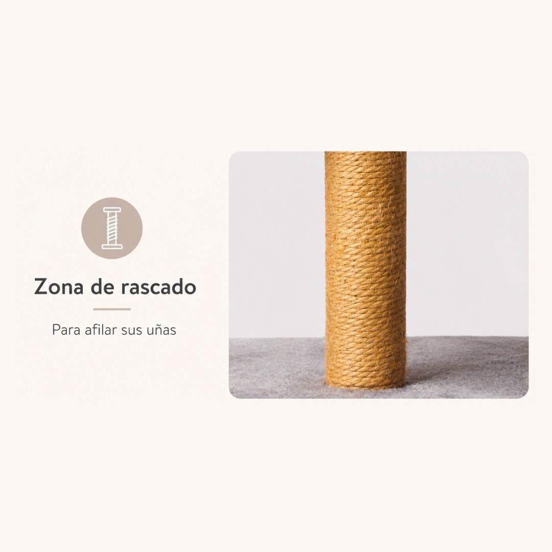 Un rascador con un poste envuelto en cuerda sobre alfombra gris.