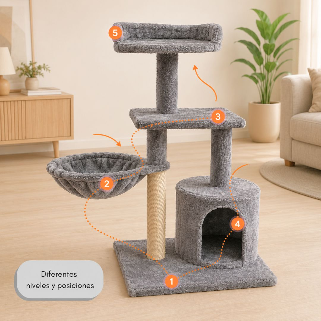 Un árbol rascador gris de varios niveles con cesta colgante y cubículo.