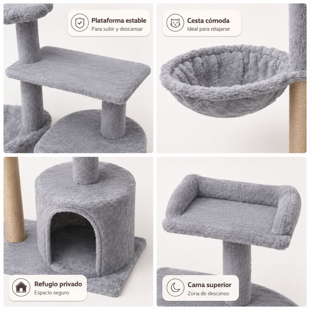 Árbol para gatos gris con plataforma, hamaca, casa y cama. Poste rascador.