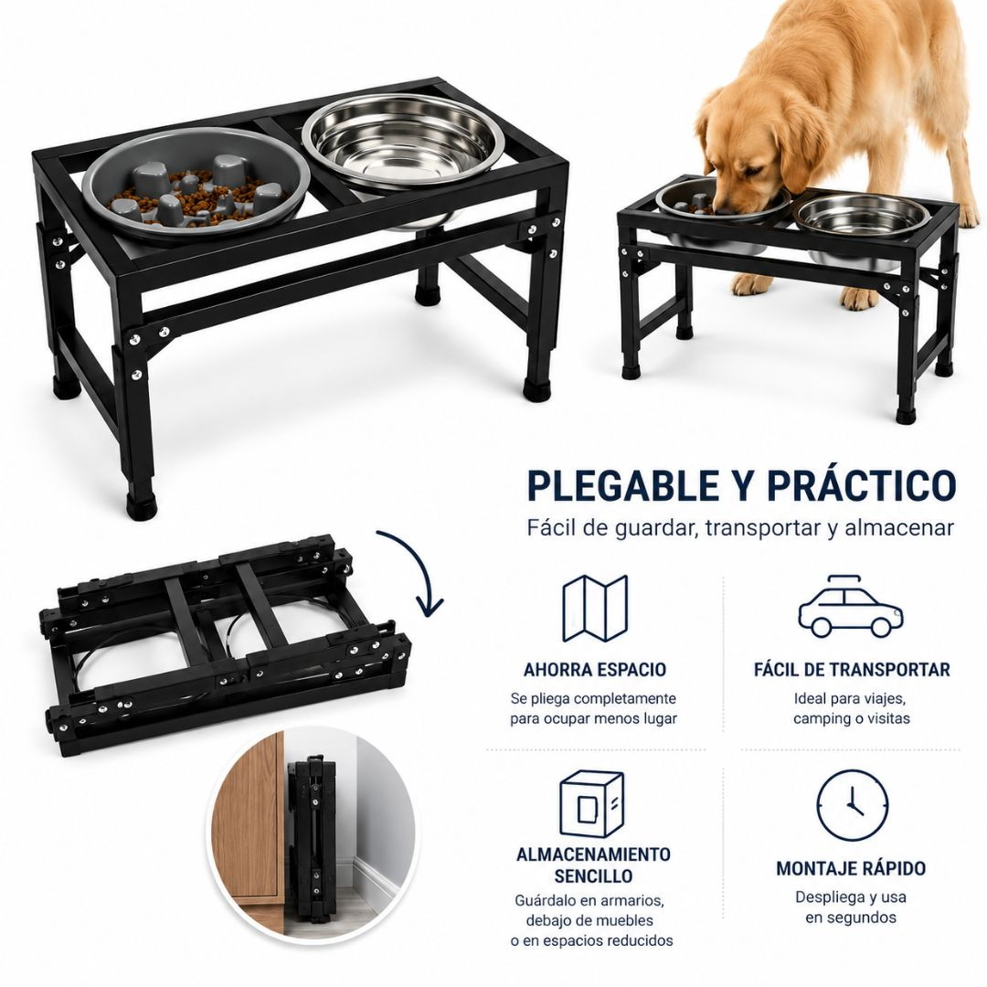 Un golden retriever come en cuencos elevados. El soporte es plegable para guardarlo.