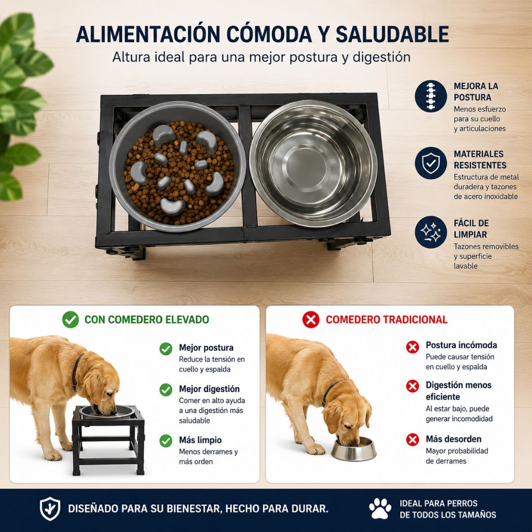 Perro comiendo de cuenco elevado vs. cuenco tradicional. Beneficios mostrados.