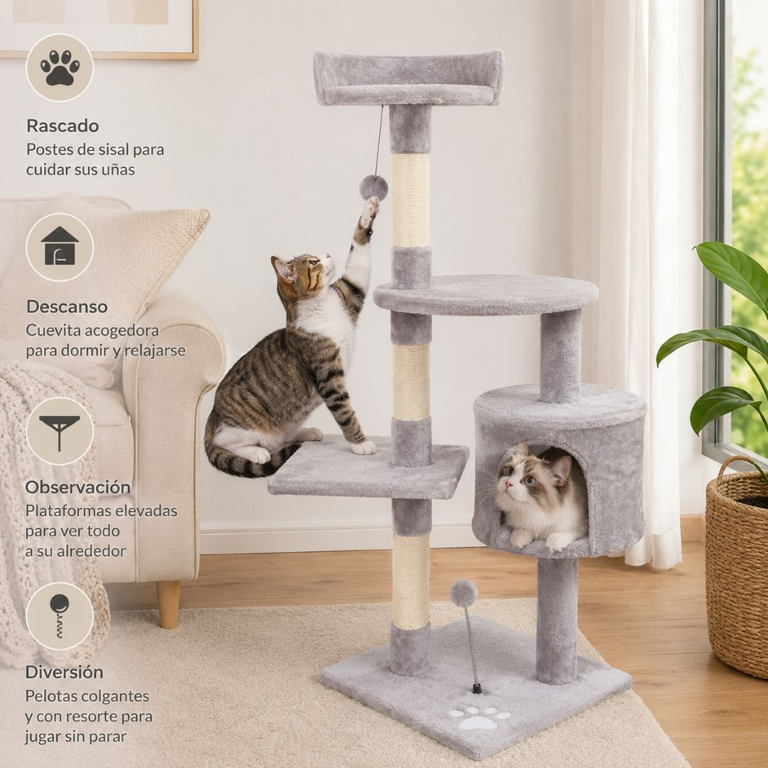 Dos gatos juegan en un rascador gris de varios niveles.
