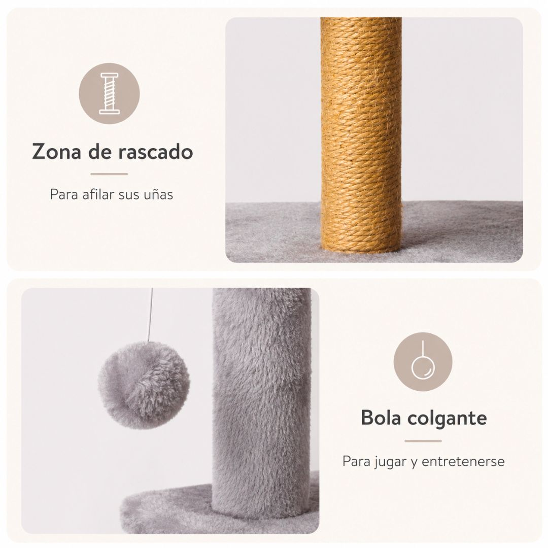 Un rascador con poste envuelto en cuerda de sisal y una bola de felpa colgante.