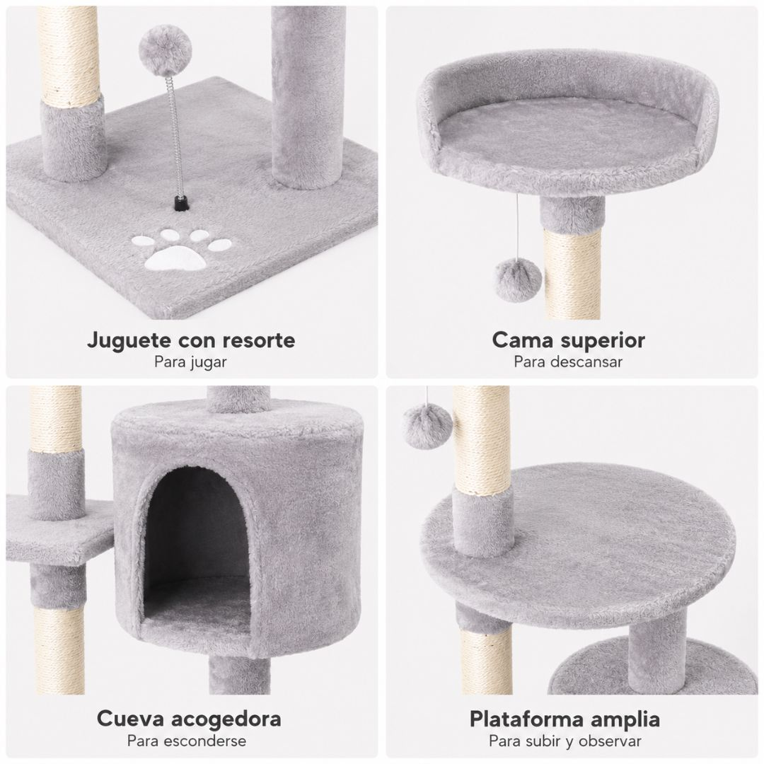 Árbol para gatos gris con juguete, hamaca, cueva y plataforma.