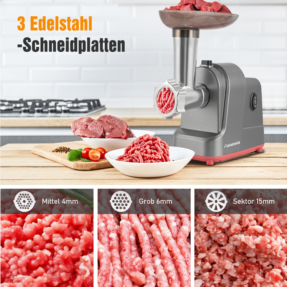 Fleischwolf mit drei Schneidplatten, rohes und gehacktes Fleisch, Küche.