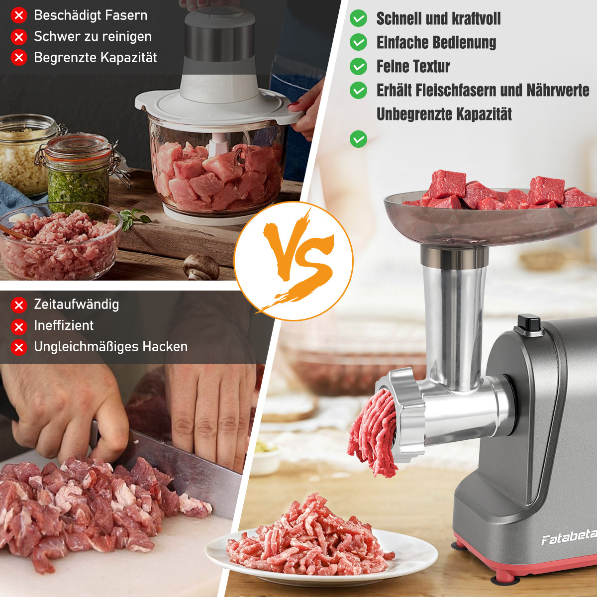 Vergleich von Fleischverarbeitungsmethoden: Mincer vs. Fleischwolf. Links: Nachteile, rechts: Vorteile.