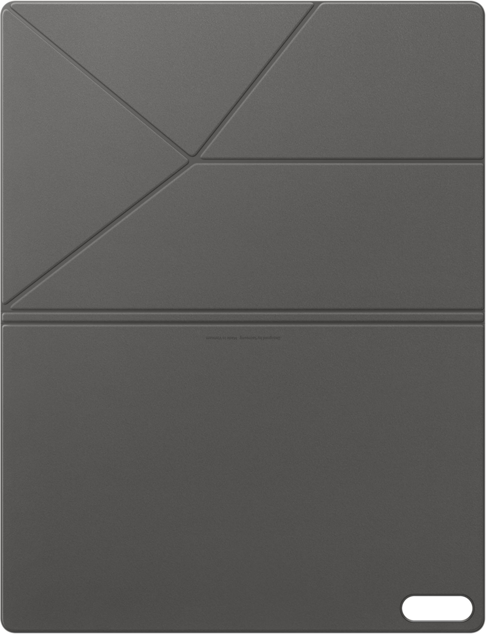 Szara okładka na tablet z geometrycznymi zagięciami i wycięciem.