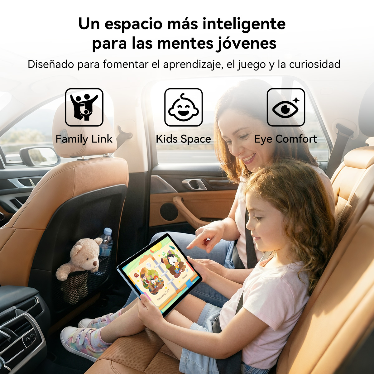 Madre e hijo en coche, niño usando tablet. Iconos para Family Link, Kids Space, Eye Comfort.