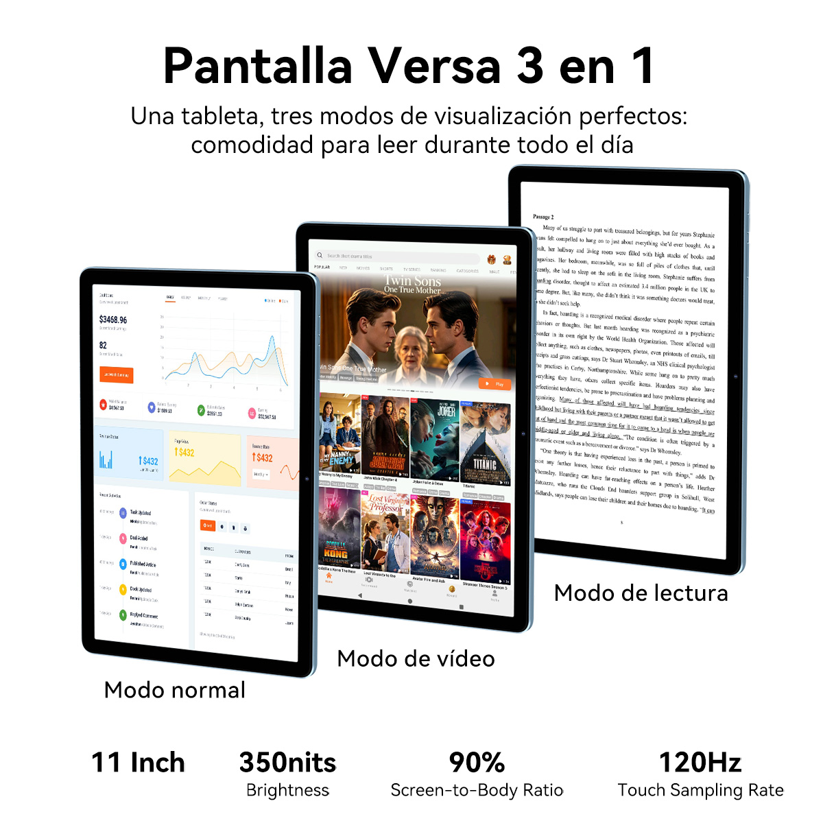 Tres vistas de tableta: Normal, Video y Lectura. Especificaciones abajo.