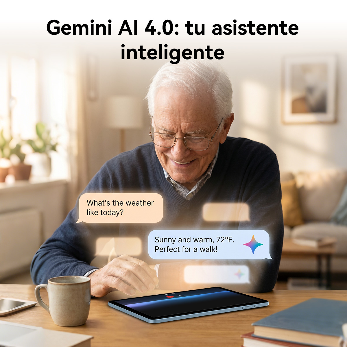 Un anciano sonríe mirando una tableta. Burbujas de chat muestran una consulta meteorológica.