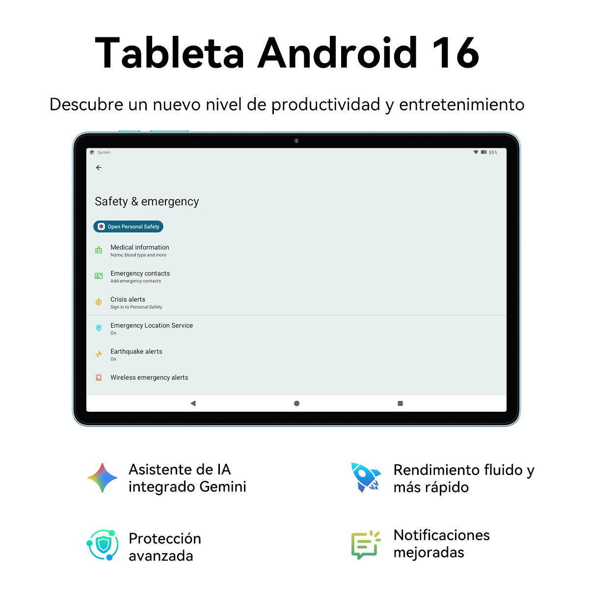 Tableta Android 16: Ajustes de seguridad y emergencias con contactos y ubicación.